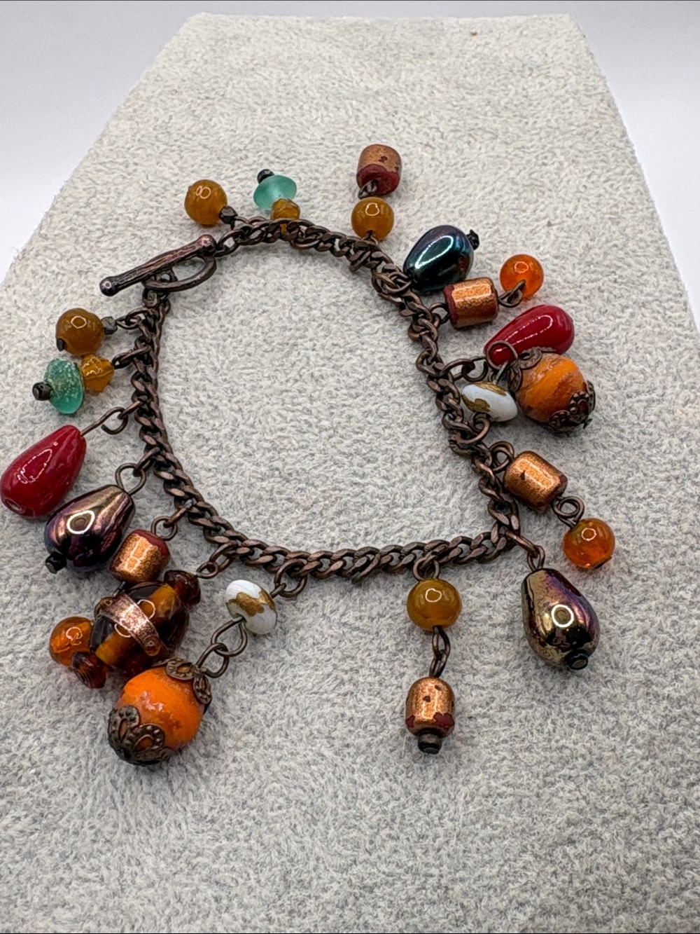 Multicolor Charm Bracelet with Red & Orange Glass Beads Copper Toggle Vintage